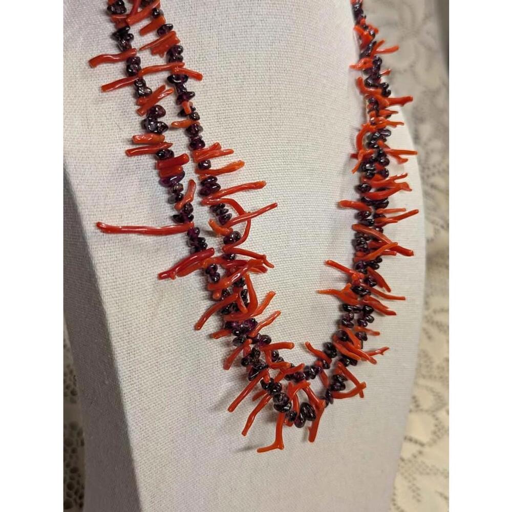 Vintage Double-Stranded Coral Branch & Gemstone Necklace 17.75" Sterling Silver